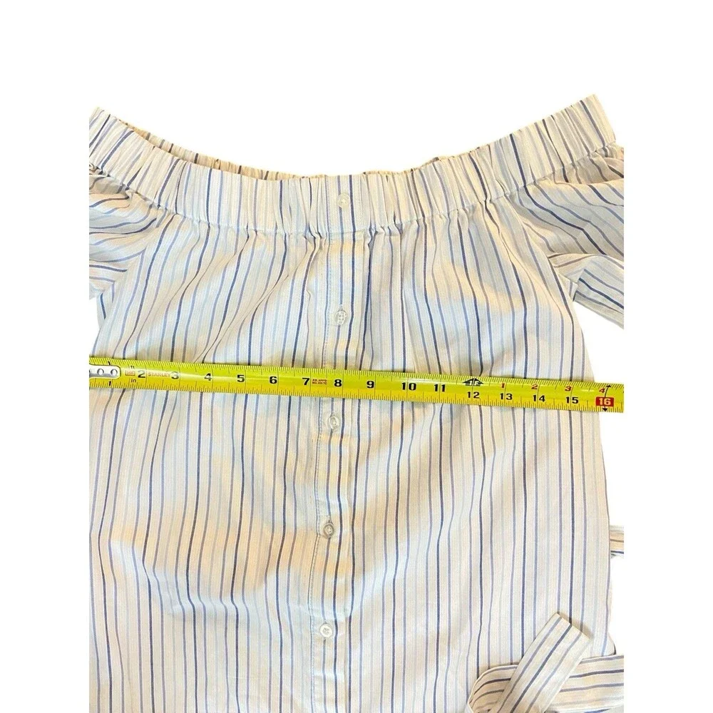 Charles Henry XS Off Shoulder Midi Dress White Blue‎ Stripe Belted Cotton Lined
